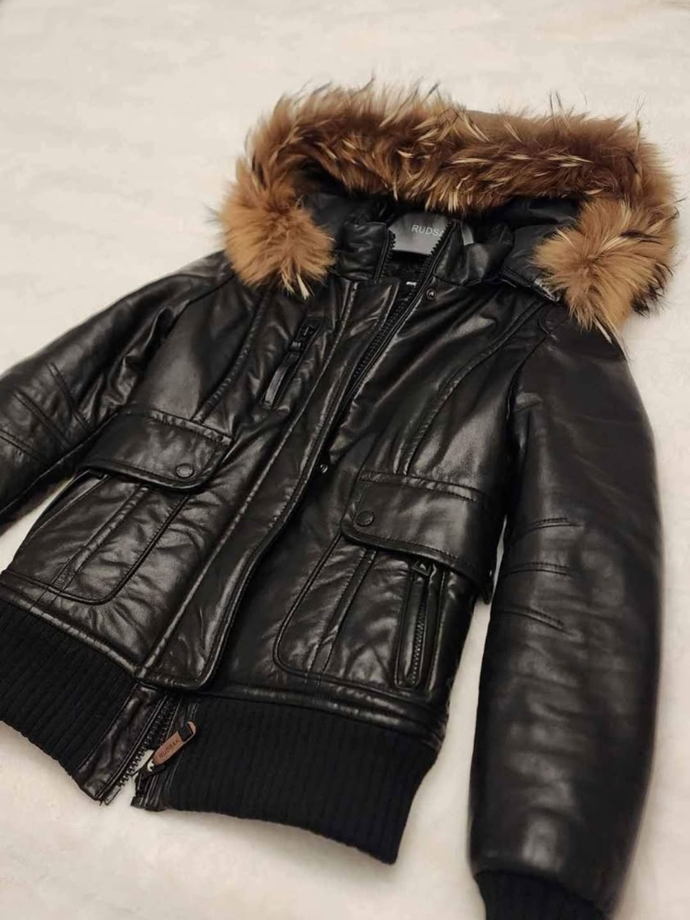 RUDSAK Leather Bomber Jacket with Brown Fur Trim